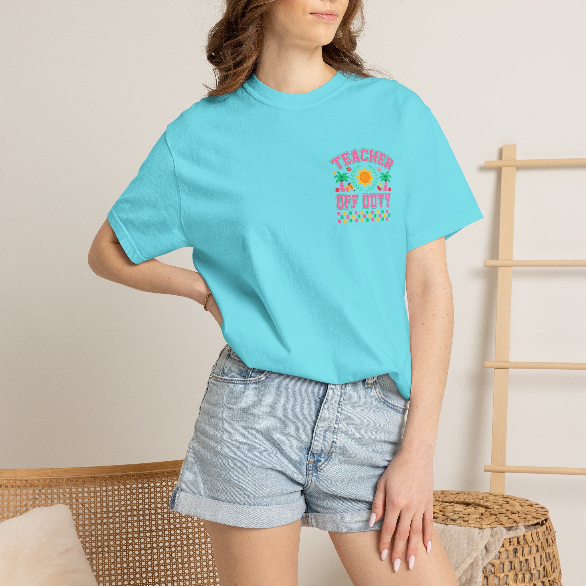 Teacher Off Duty T-Shirt | Beach Sun Palm Trees Retro Checkerboard