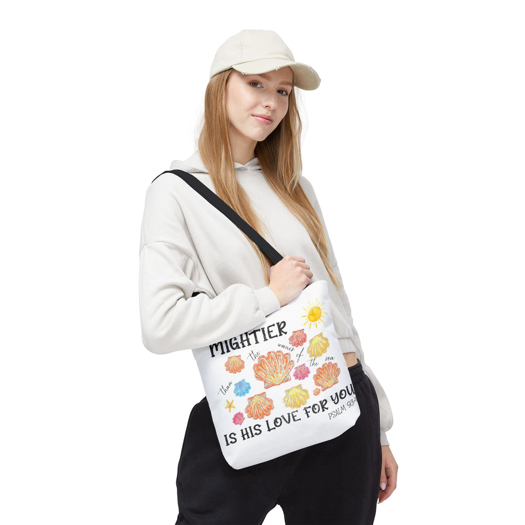 Christian Scripture Tote Bag - "Mightier Is His Love For You" Psalm 93:4 Watercolor Shells