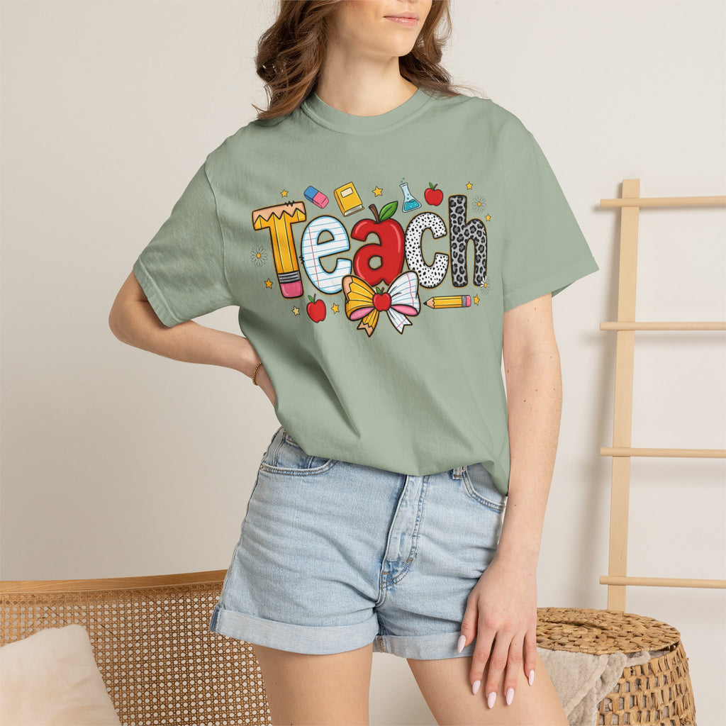 Teach Graphic T-Shirt — Cute School Teacher Gift (Apple, Pencil & Bow Design)