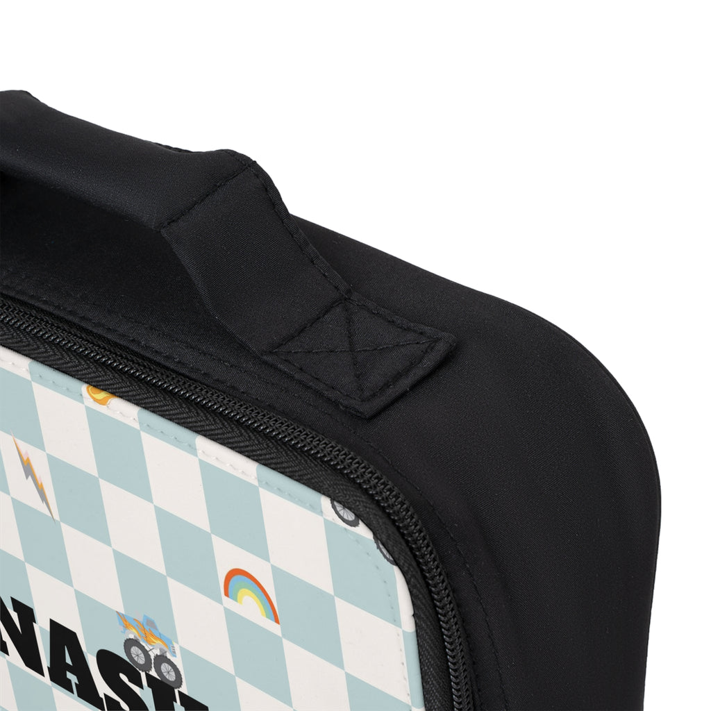 Personalized Kids Lunch Bag — Checkerboard Name Lunchbox with Cars, Dinosaurs & Rainbows