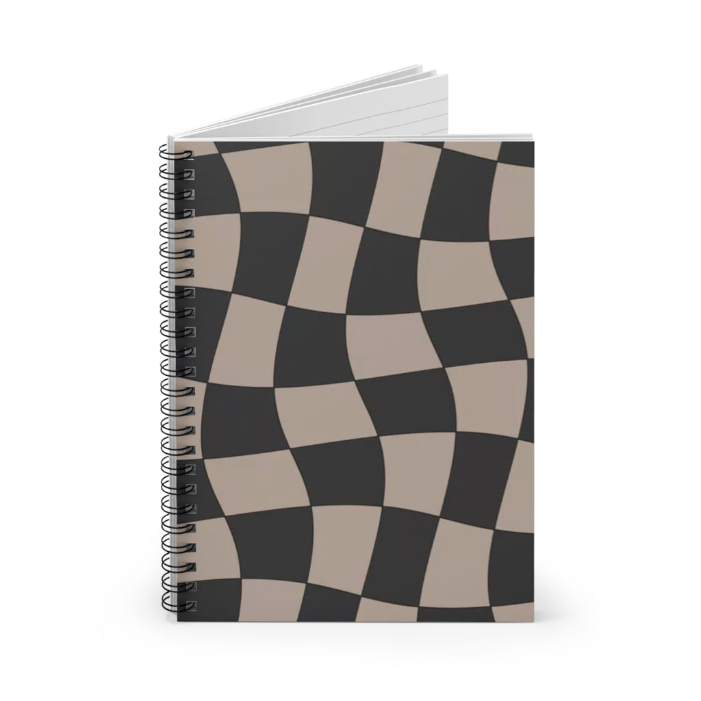 Wavy Checkerboard Spiral Notebook — Neutral Retro Pattern Ruled Journal