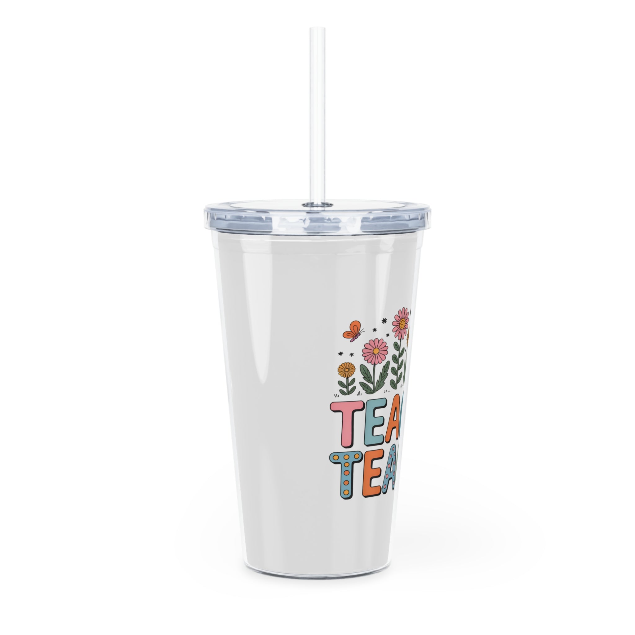 Teacher Tumbler with Floral Design – Double-Wall Straw Cup