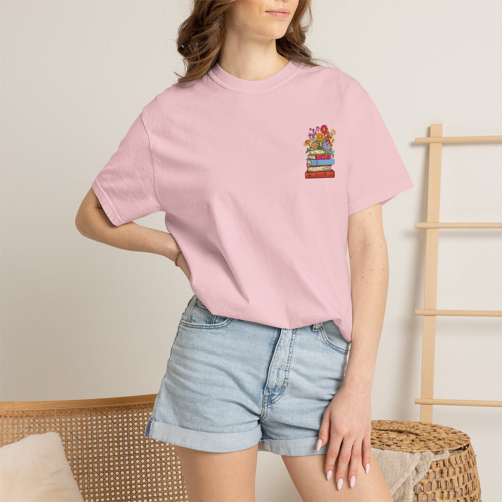 Reading Cozy T-Shirt — Floral Stack of Books Design