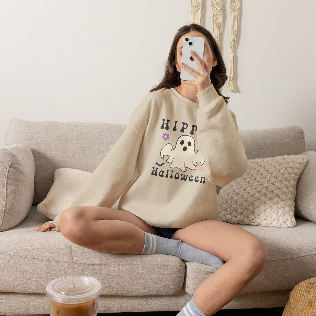 Hippie Halloween Crewneck Sweatshirt — Cute Retro Ghost Graphic