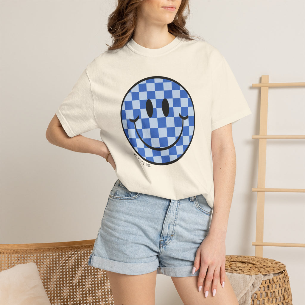 Blue Checkerboard Smiley T-shirt | Mama Who Loves Her Boy Tee