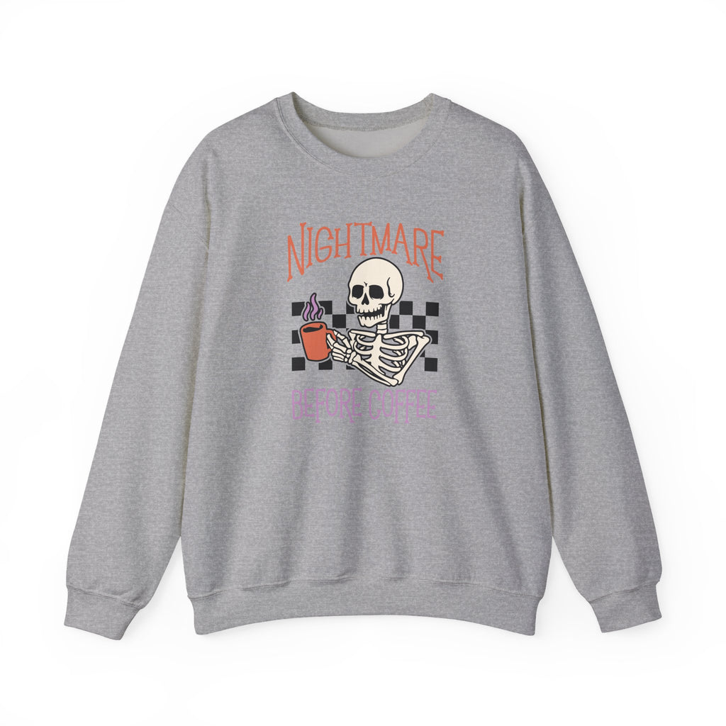 Crewneck Sweatshirt — "Nightmare Before Coffee" Skeleton Coffee Graphic