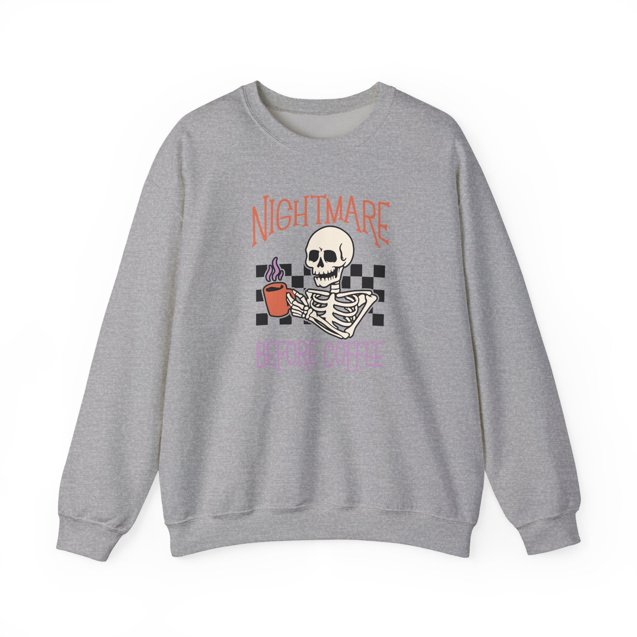 Crewneck Sweatshirt — "Nightmare Before Coffee" Skeleton Coffee Graphic