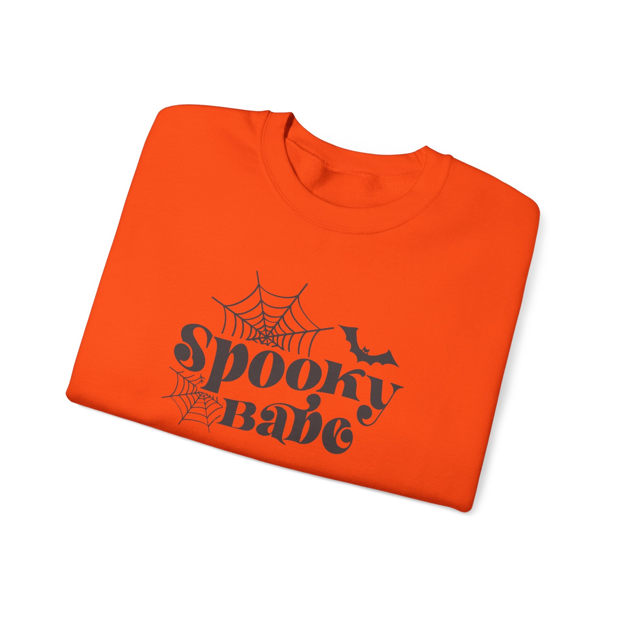 Spooky Babe Sweatshirt — Halloween Spiderweb & Bat Graphic Crewneck