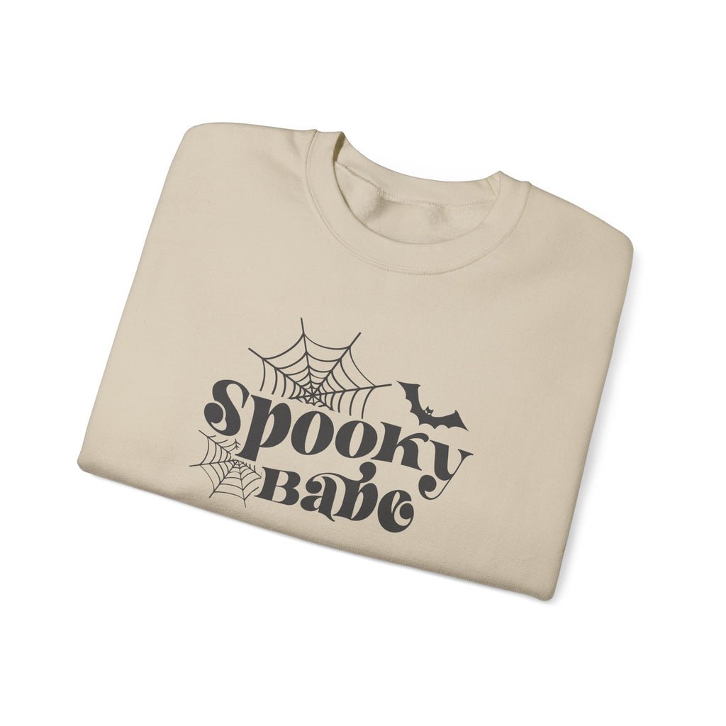 Spooky Babe Sweatshirt — Halloween Spiderweb & Bat Graphic Crewneck