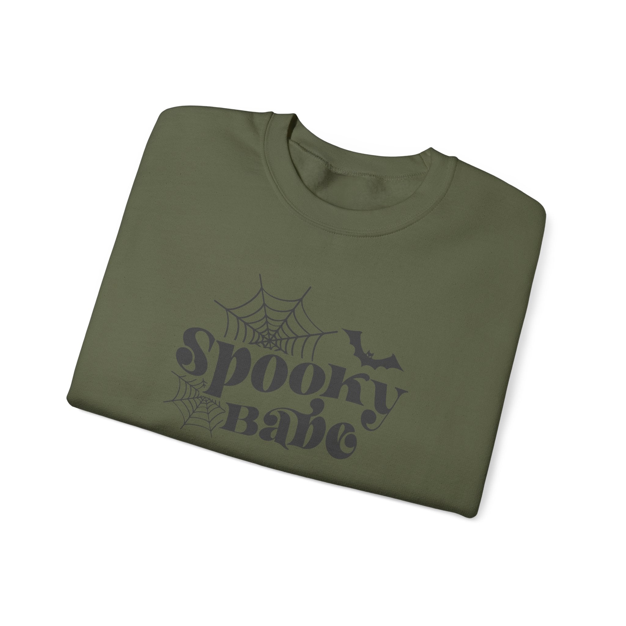 Spooky Babe Sweatshirt — Halloween Spiderweb & Bat Graphic Crewneck