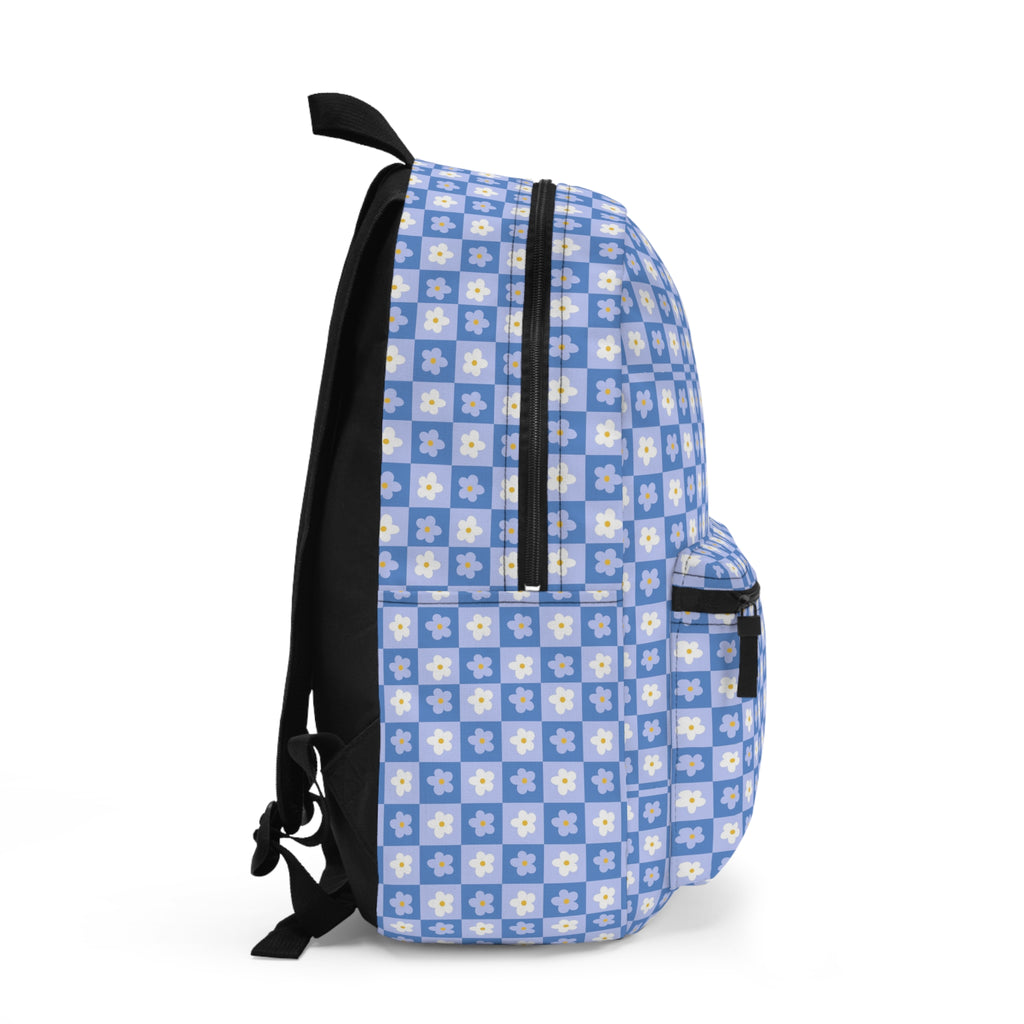 Floral Checkerboard Backpack — Blue Daisy Pattern School & Casual Bag