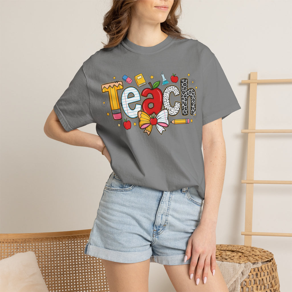 Teach Graphic T-Shirt — Cute School Teacher Gift (Apple, Pencil & Bow Design)