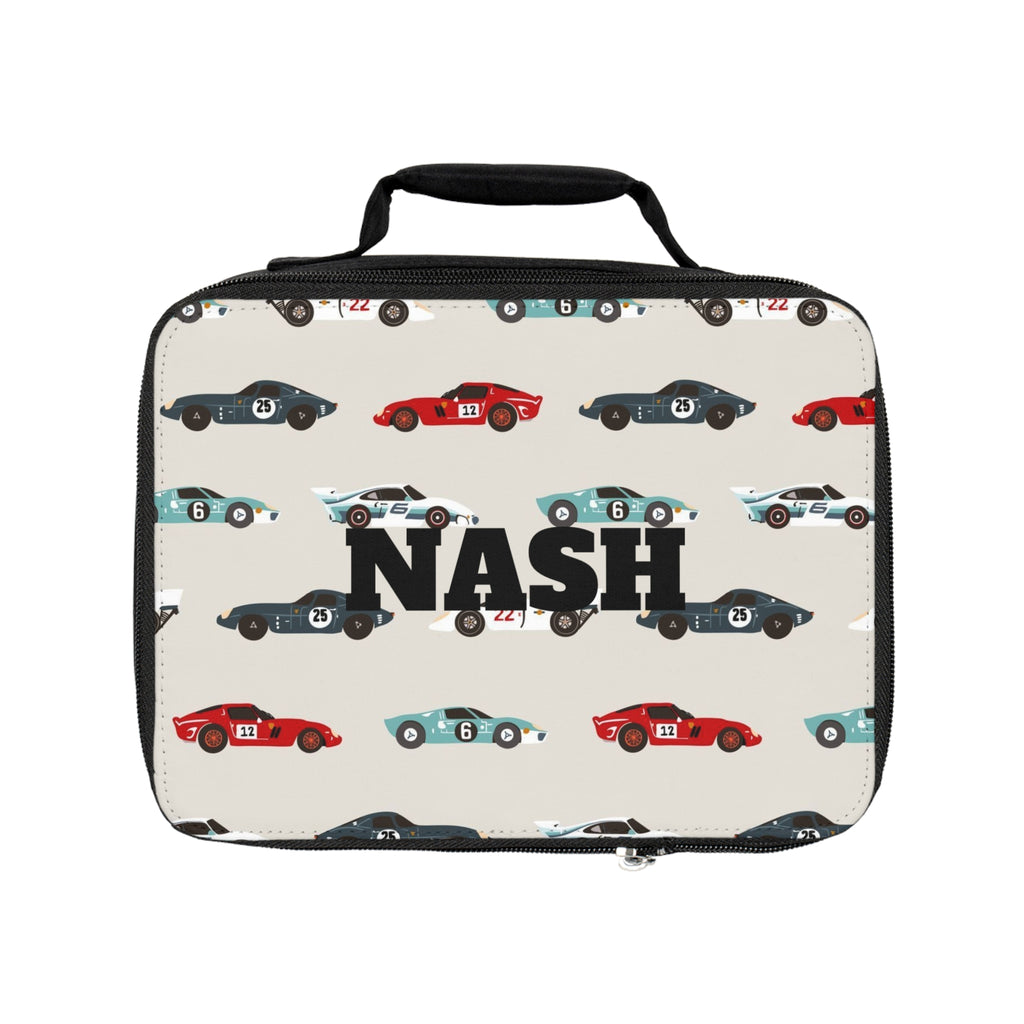Personalized Kids Racing Cars Lunch Bag — "Nash" Name Print