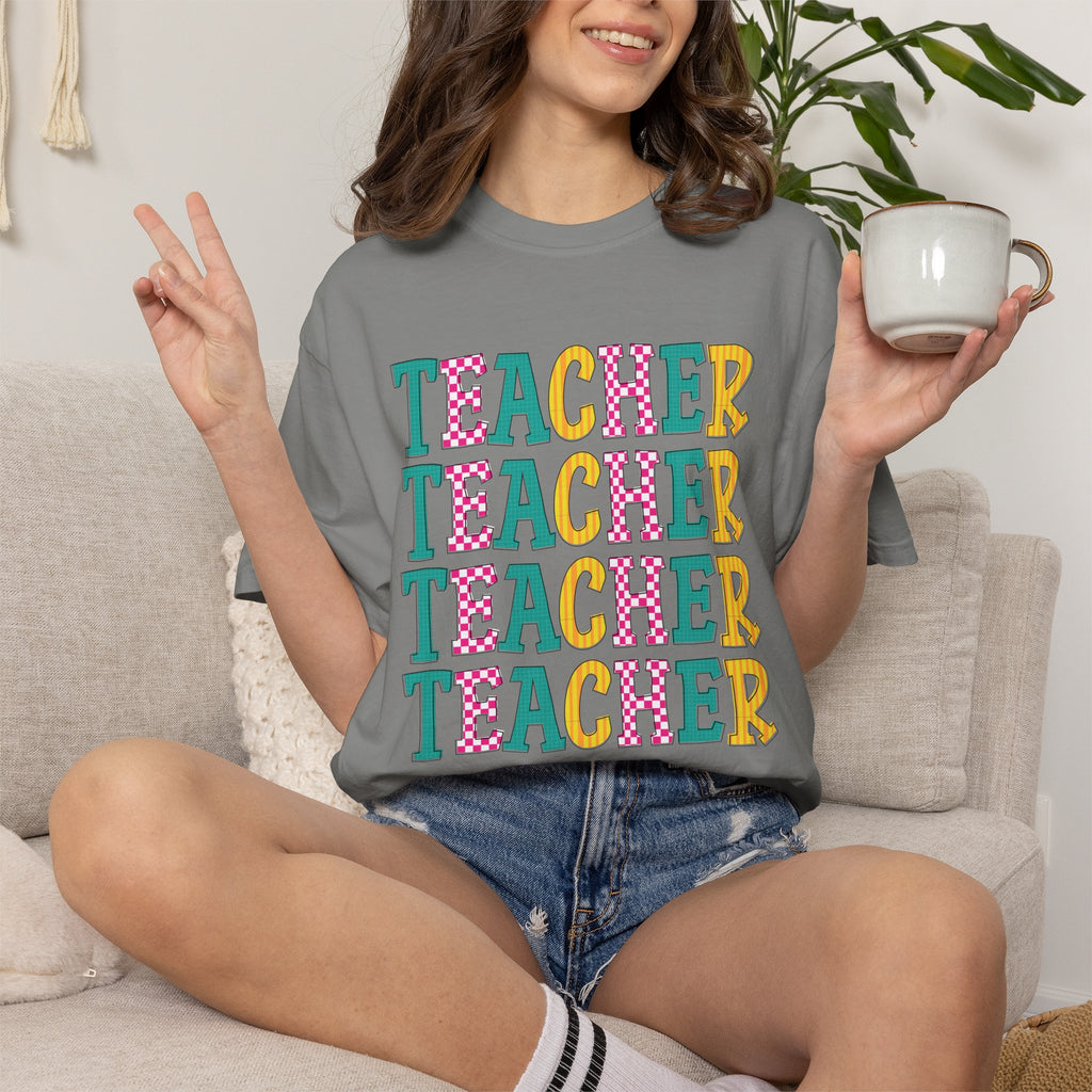 Teacher Repeat Pattern T-Shirt — Colorful Back-to-School Gift