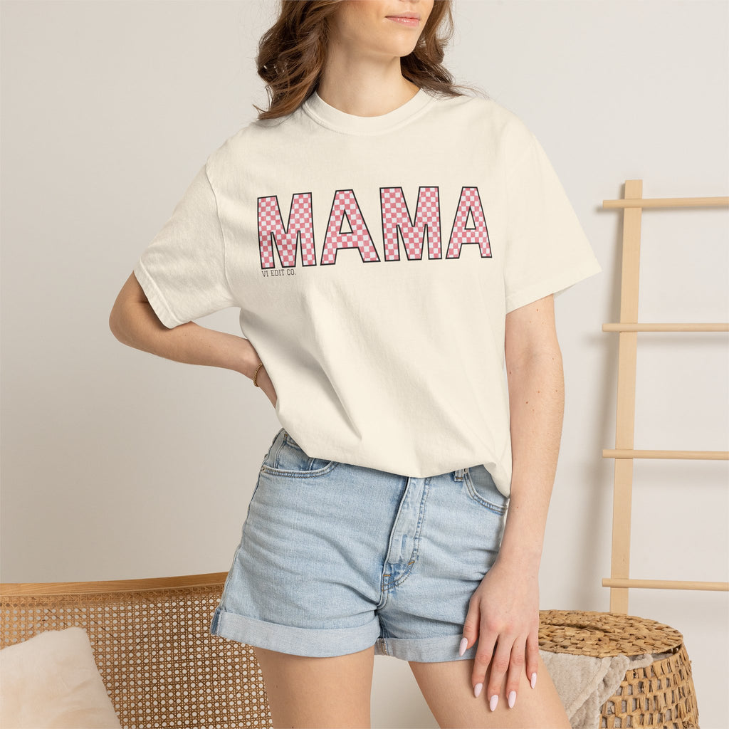 Mama Checkered Letters T-Shirt | Pink Plaid Typography Tee