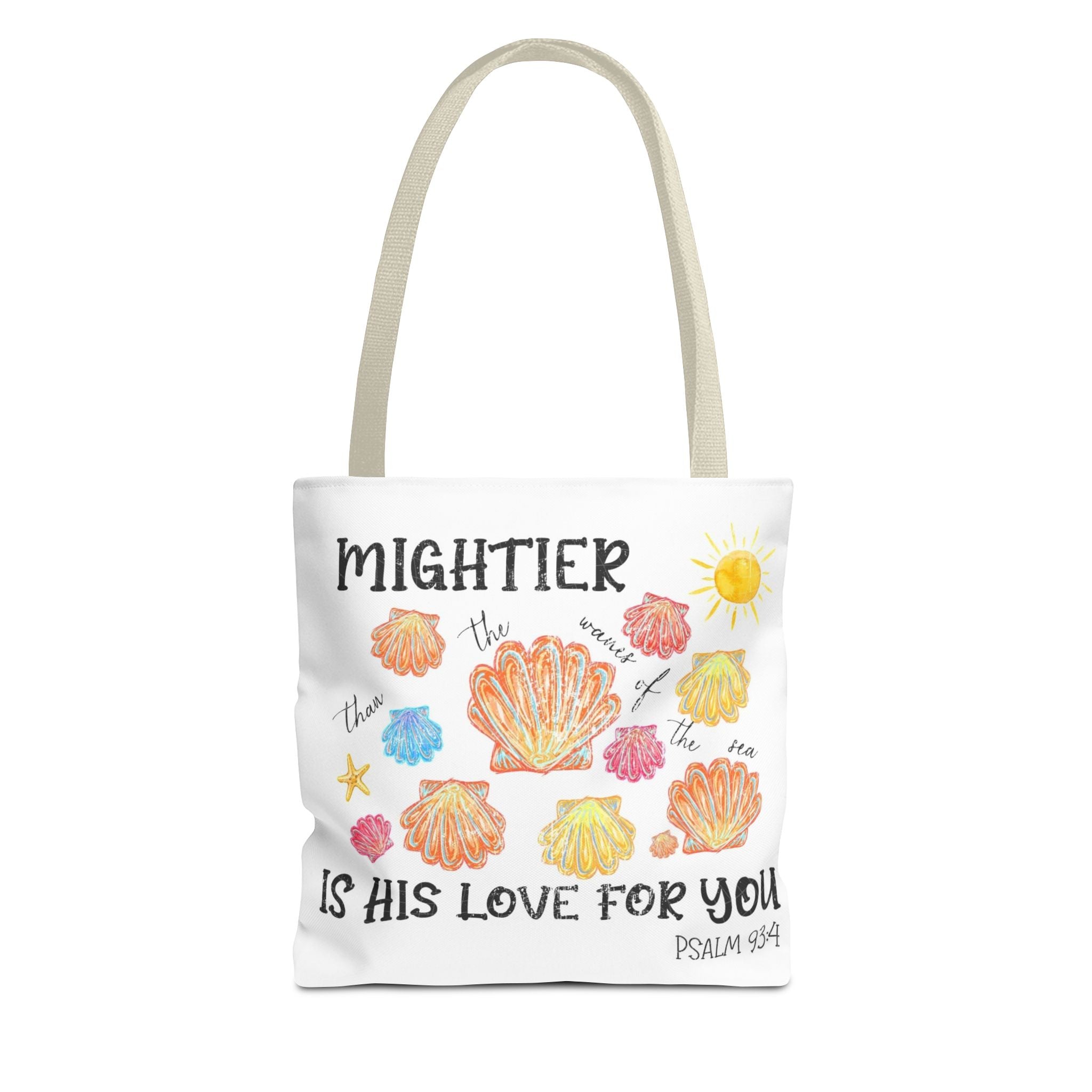 Christian Scripture Tote Bag - "Mightier Is His Love For You" Psalm 93:4 Watercolor Shells