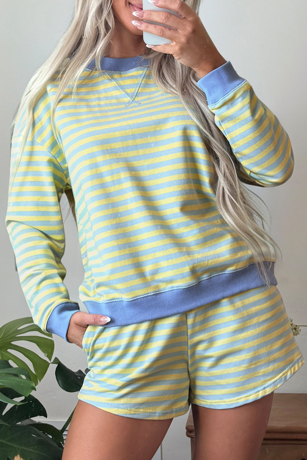 Pink Stripe Color Block Detail Long Sleeve Pullover Elastic Waist Pull On Shorts 2pcs Set