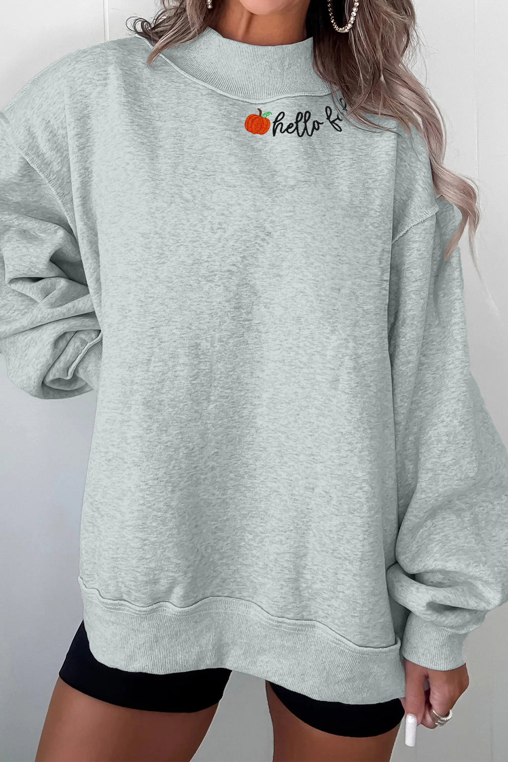 Gray hello fall Embroidered Pumpkin Detail Mock Neck Sweatshirt
