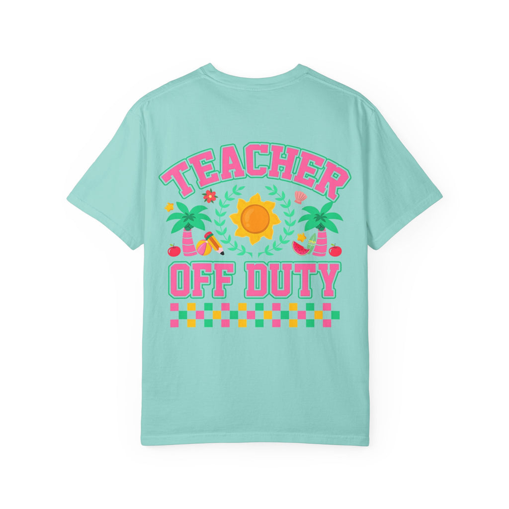 Teacher Off Duty T-Shirt | Beach Sun Palm Trees Retro Checkerboard