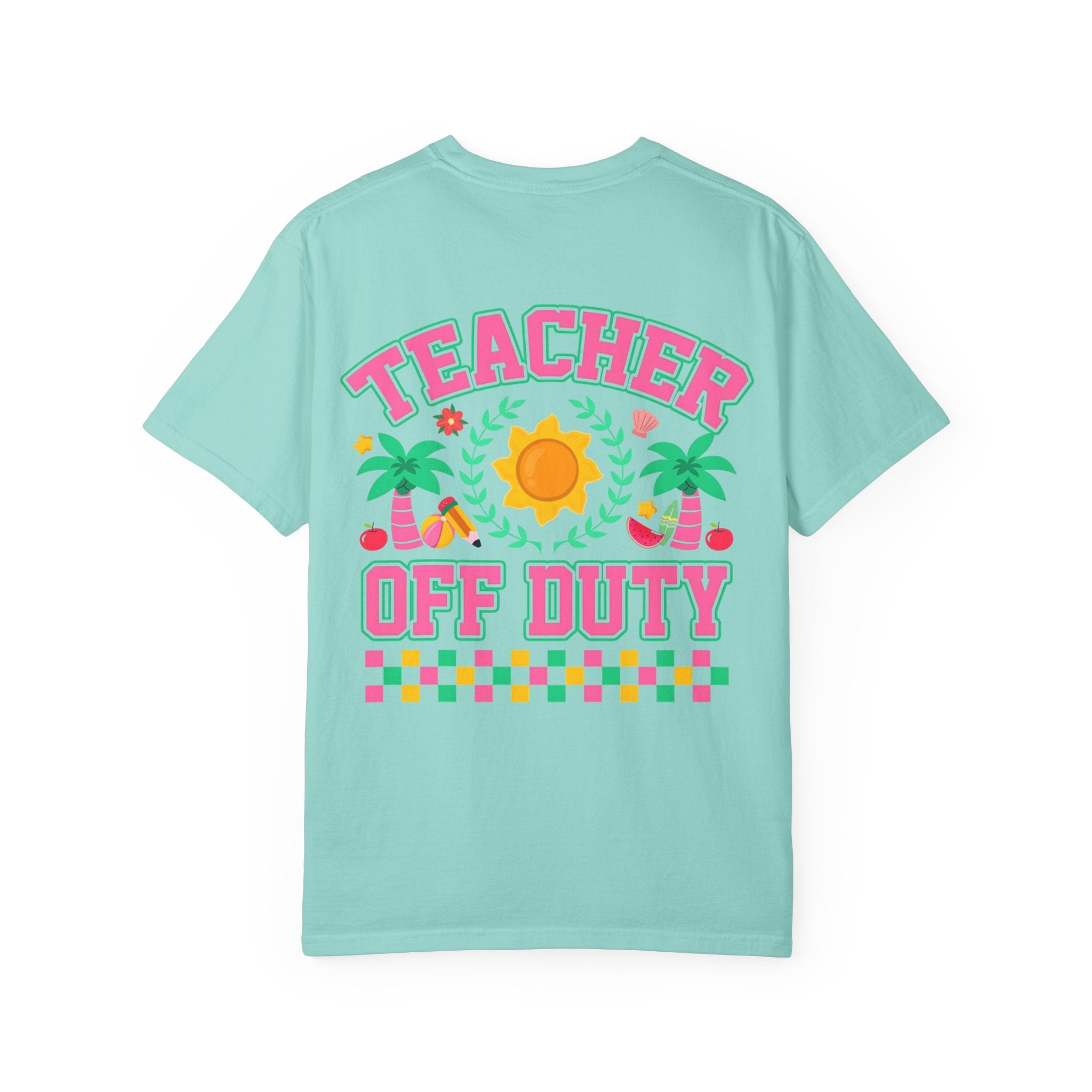 Teacher Off Duty T-Shirt | Beach Sun Palm Trees Retro Checkerboard