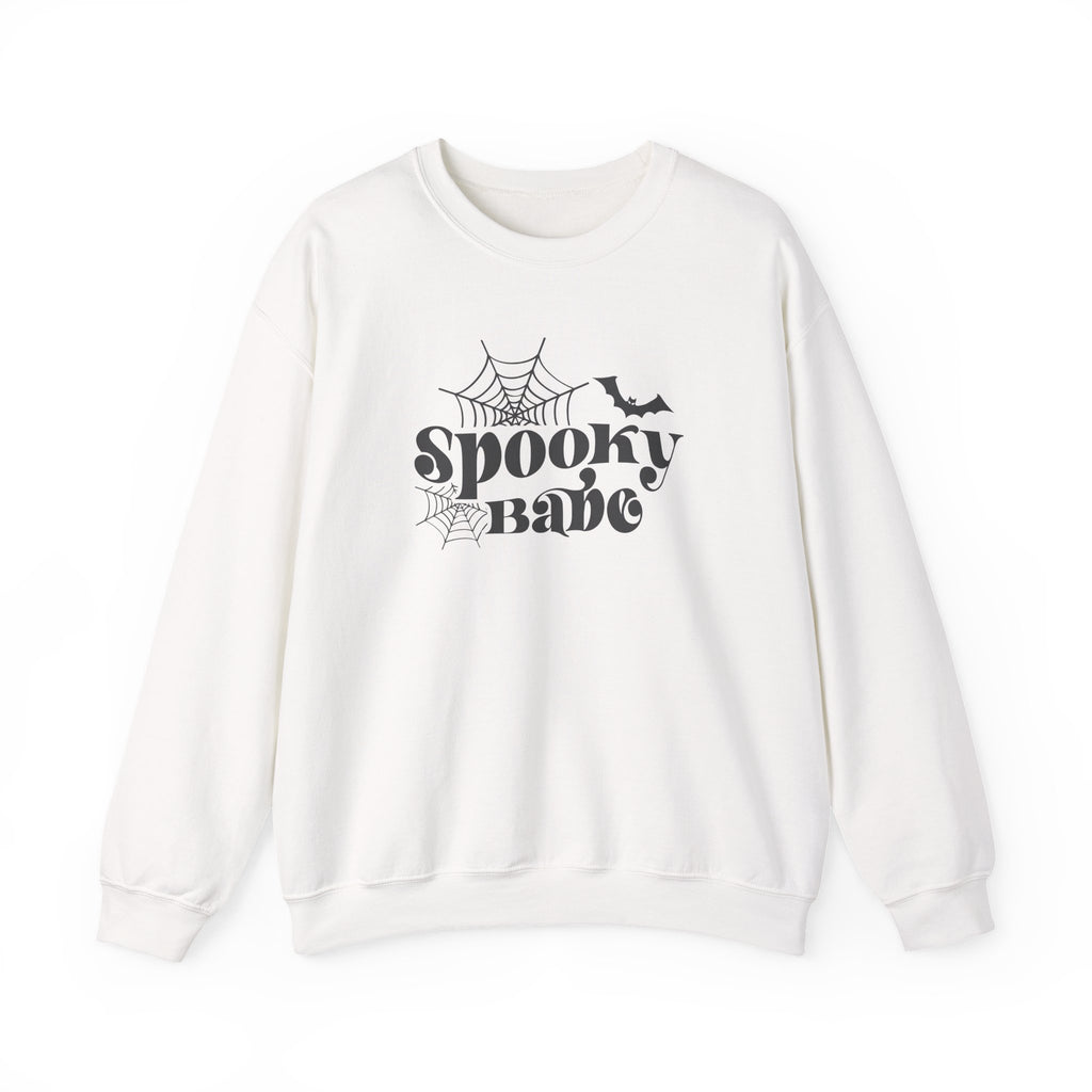 Spooky Babe Sweatshirt — Halloween Spiderweb & Bat Graphic Crewneck