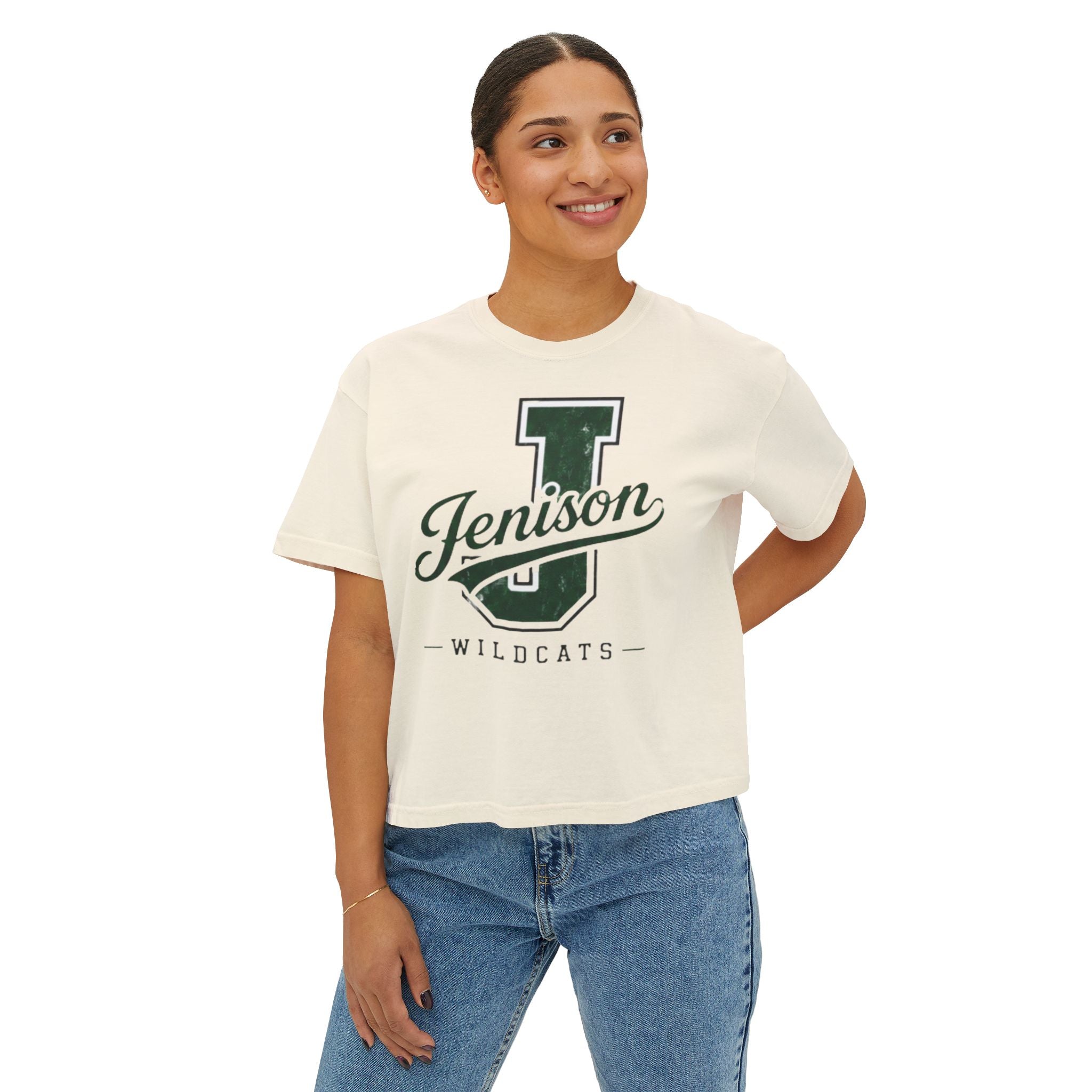 Jenison Wildcats Cropped Boxy Tee — Vintage Script J School Spirit Shirt