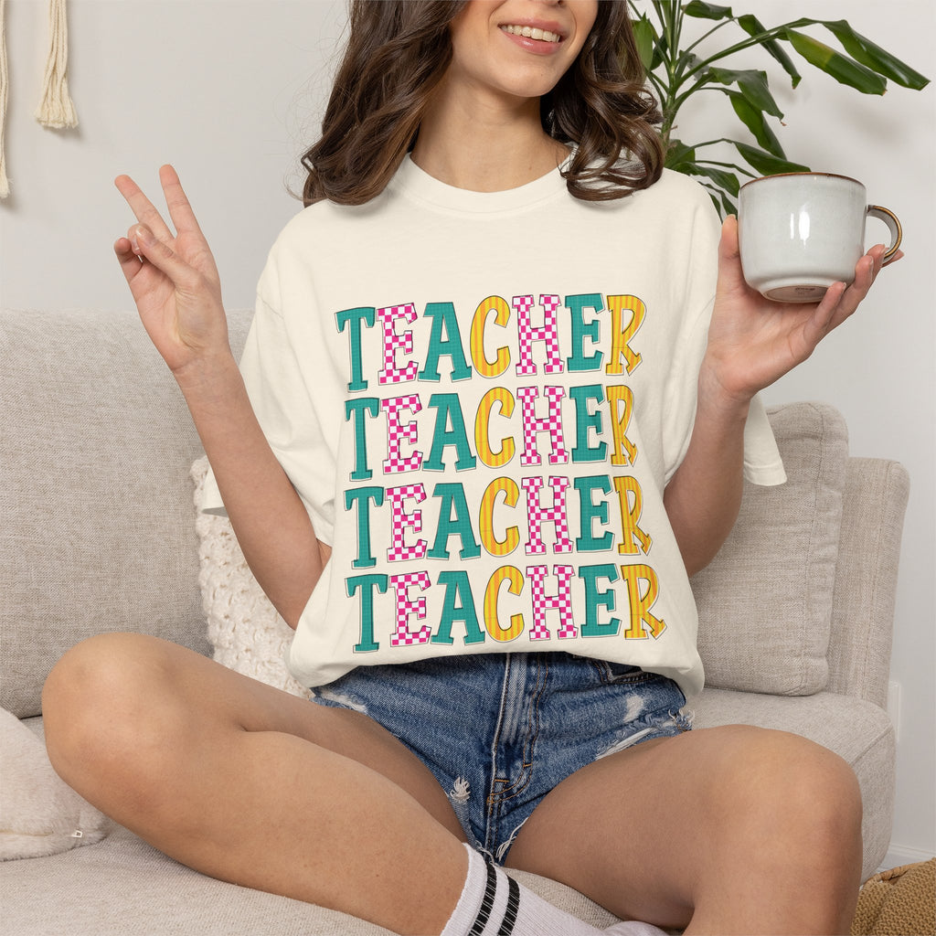Teacher Repeat Pattern T-Shirt — Colorful Back-to-School Gift