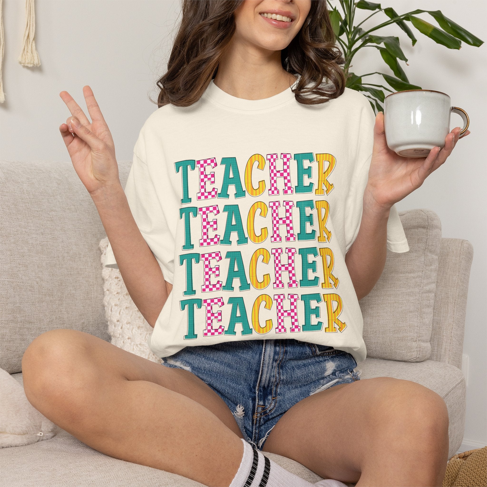 Teacher Repeat Pattern T-Shirt — Colorful Back-to-School Gift