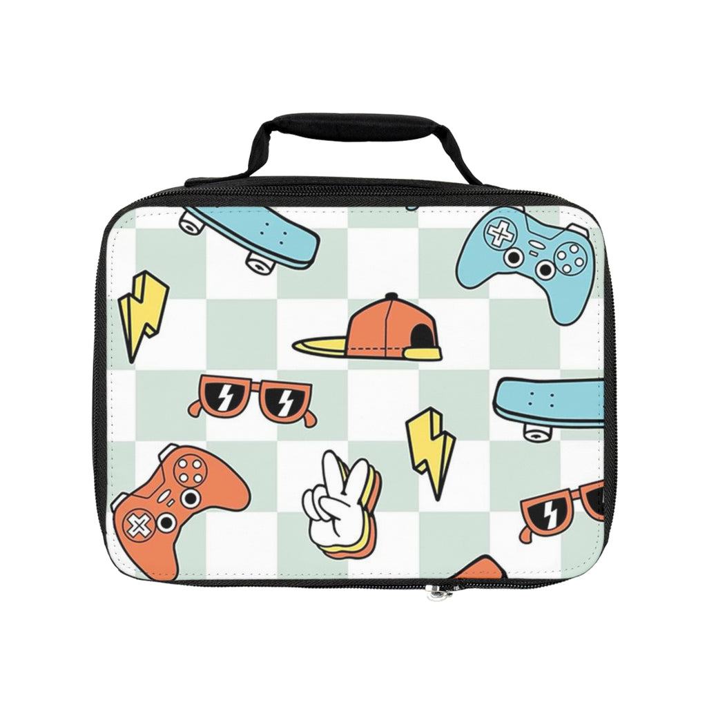 Retro Gamer Pattern Lunch Bag — Skateboards, Controllers & Cap Kids Lunchbox