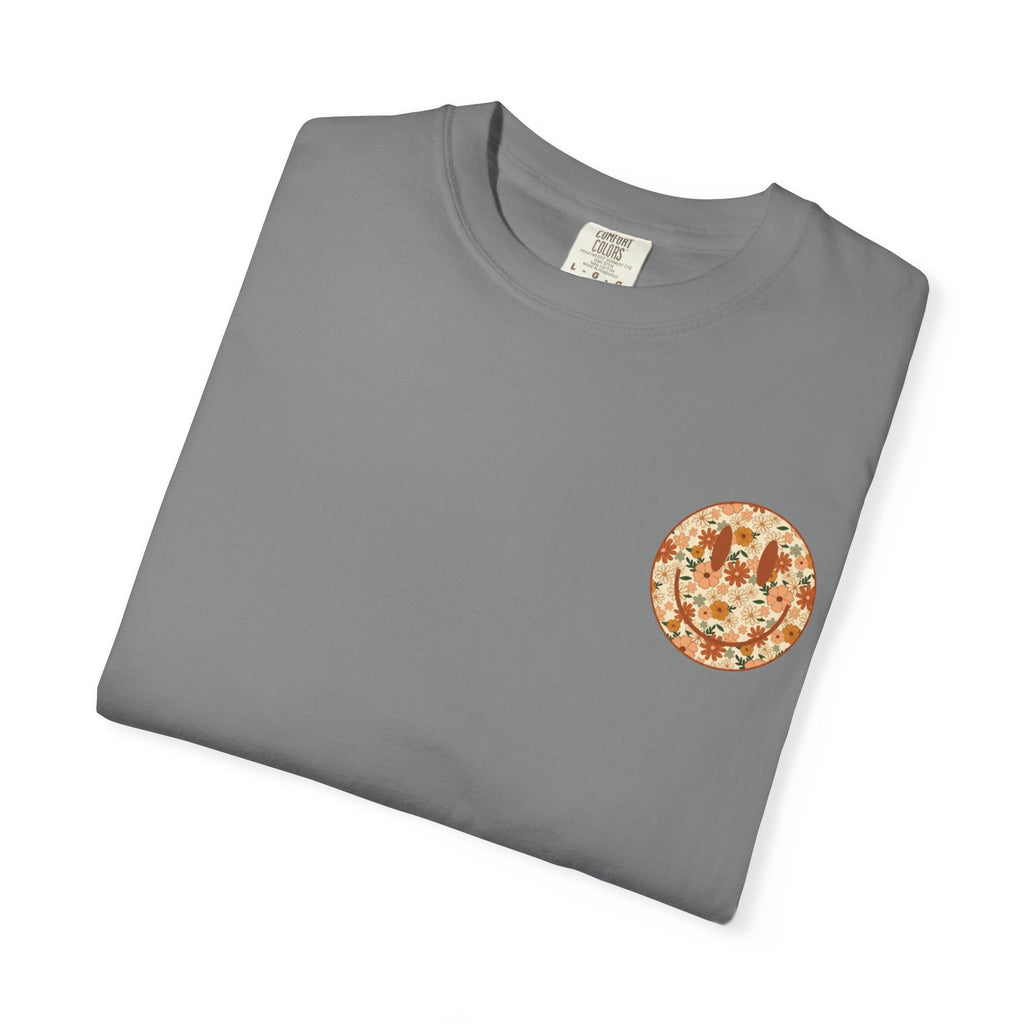 Teacher Assistant Floral Smiley T-Shirt | Retro Typography, Fall Colors