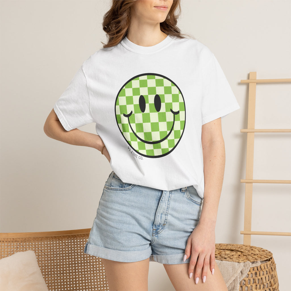 Green Checker Smiley Face T-shirt | Text Back "Just A Mama Who Loves Her Babes"