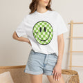 Green Checker Smiley Face T-shirt | Text Back "Just A Mama Who Loves Her Babes"