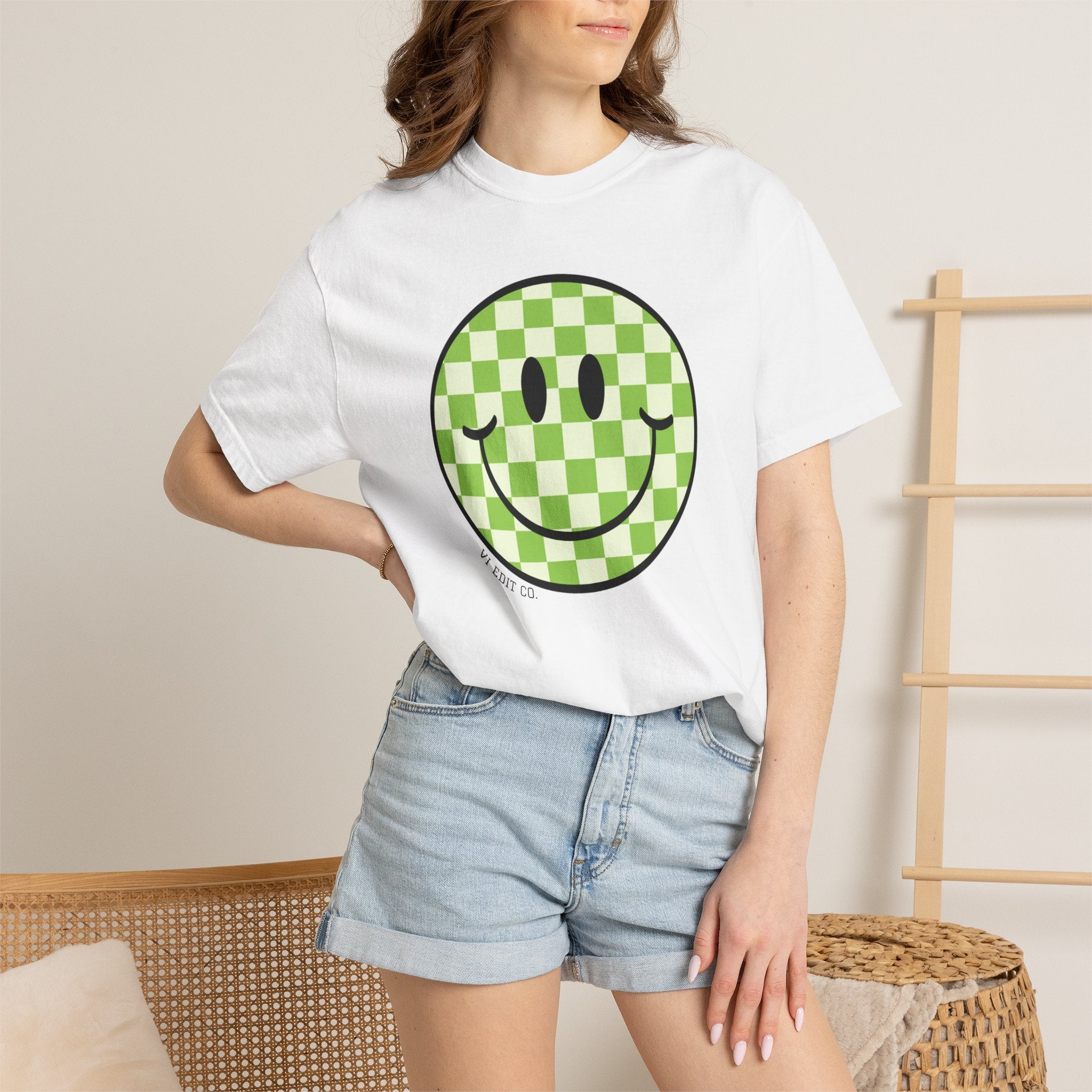 Green Checker Smiley Face T-shirt | Text Back "Just A Mama Who Loves Her Babes"