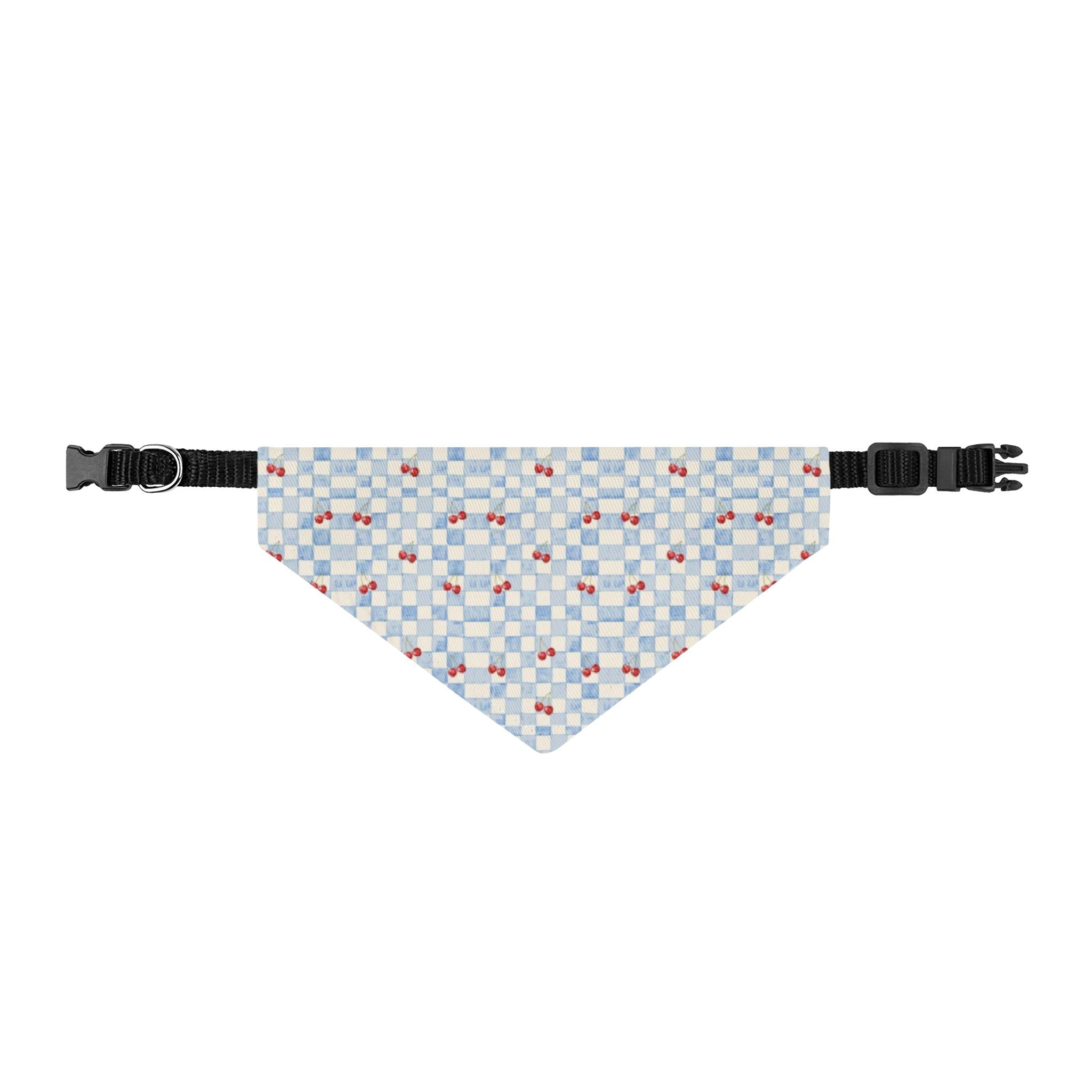 Clip-On Pet Bandana — Blue Checkered Pattern with Tiny Red Hearts, Adjustable Collar Accessory