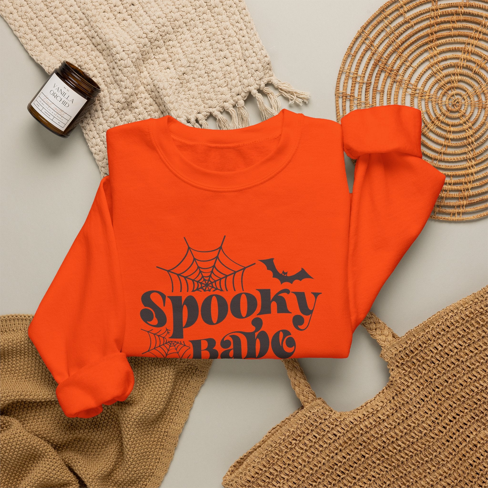 Spooky Babe Sweatshirt — Halloween Spiderweb & Bat Graphic Crewneck