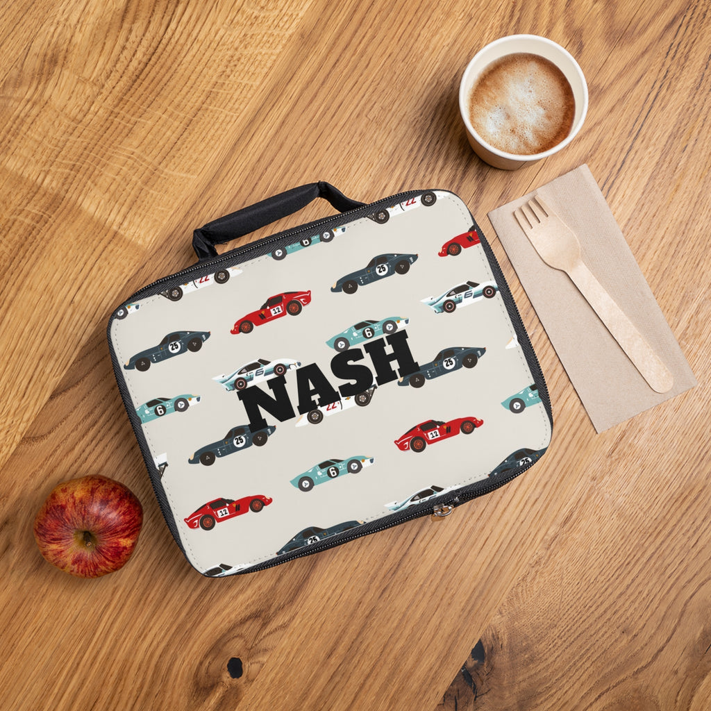 Personalized Kids Racing Cars Lunch Bag — "Nash" Name Print