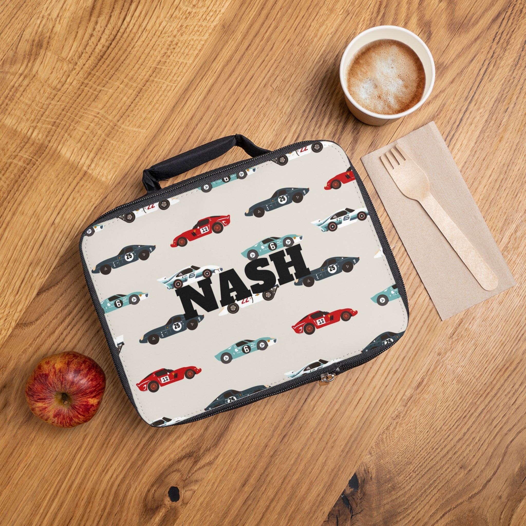Personalized Kids Racing Cars Lunch Bag — "Nash" Name Print
