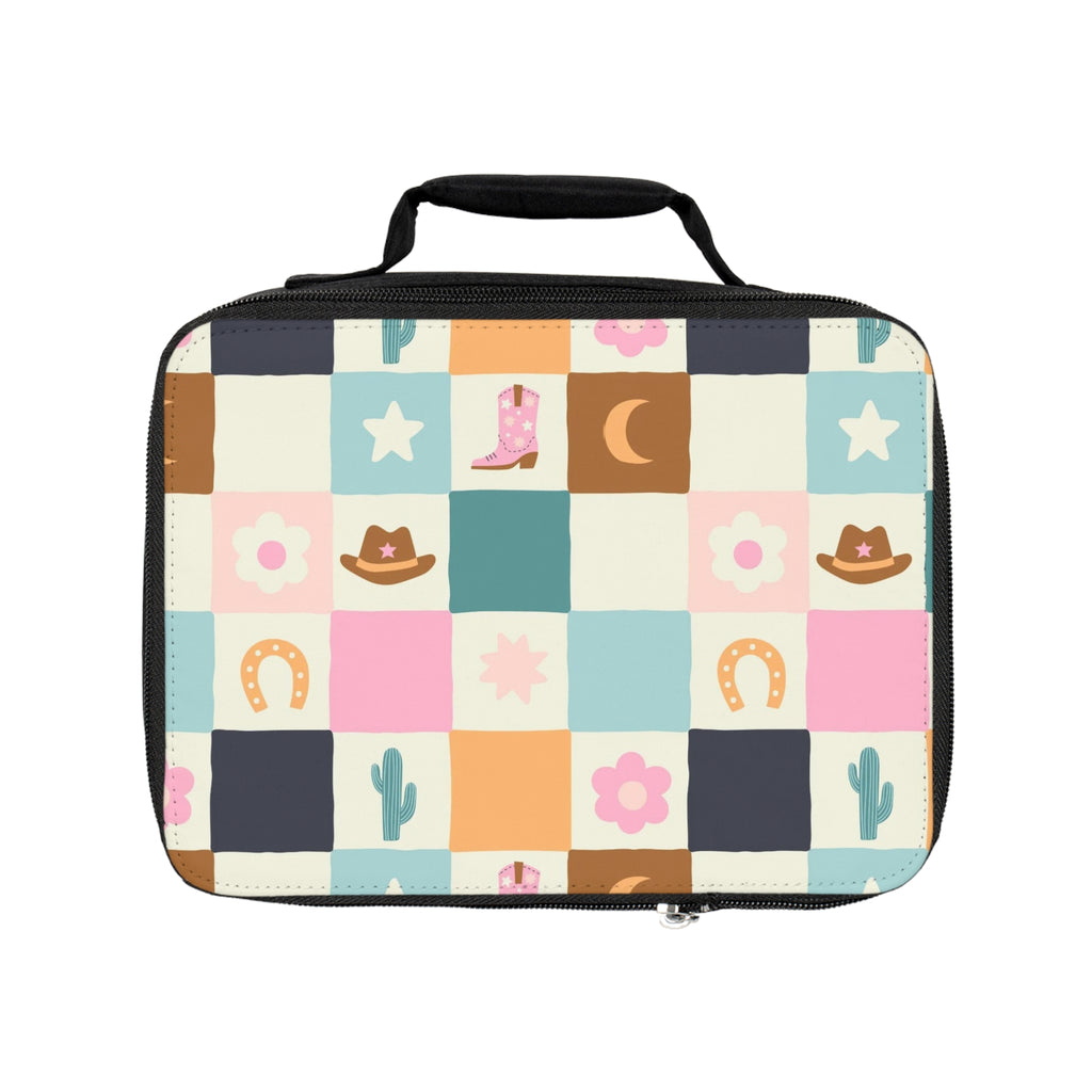 Western Patchwork Lunch Bag — Cowgirl Boots, Hats & Cactus Pattern
