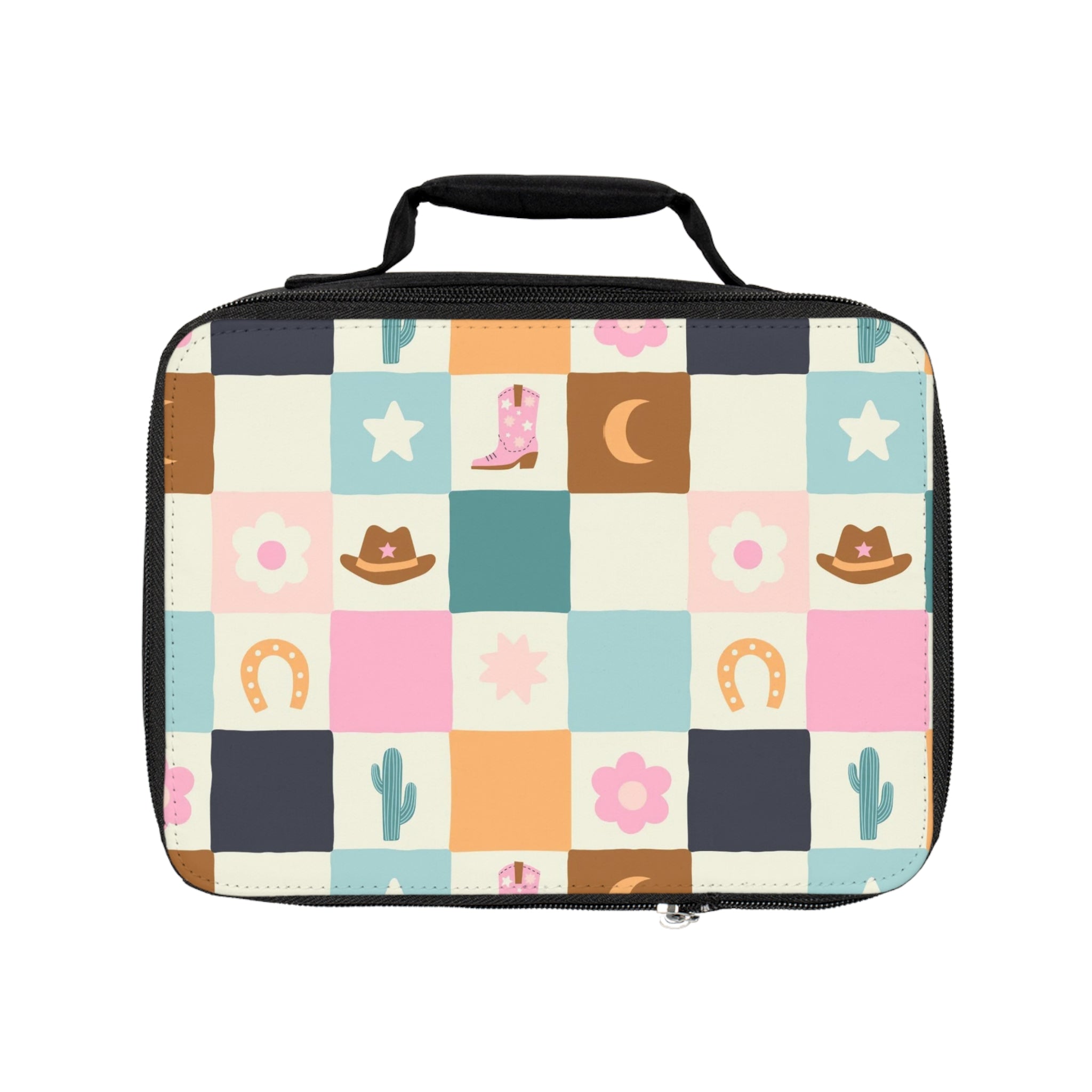 Western Patchwork Lunch Bag — Cowgirl Boots, Hats & Cactus Pattern