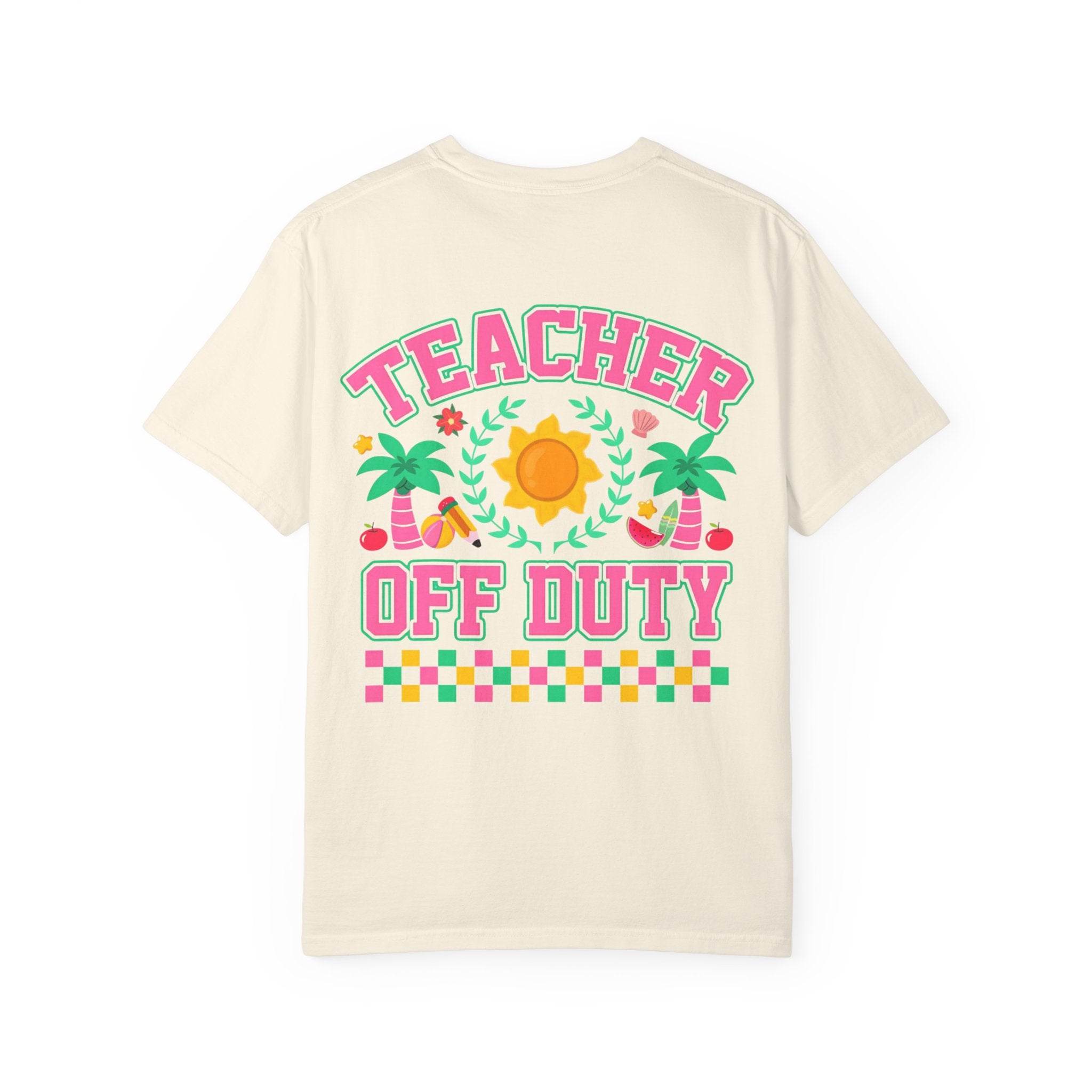 Teacher Off Duty T-Shirt | Beach Sun Palm Trees Retro Checkerboard