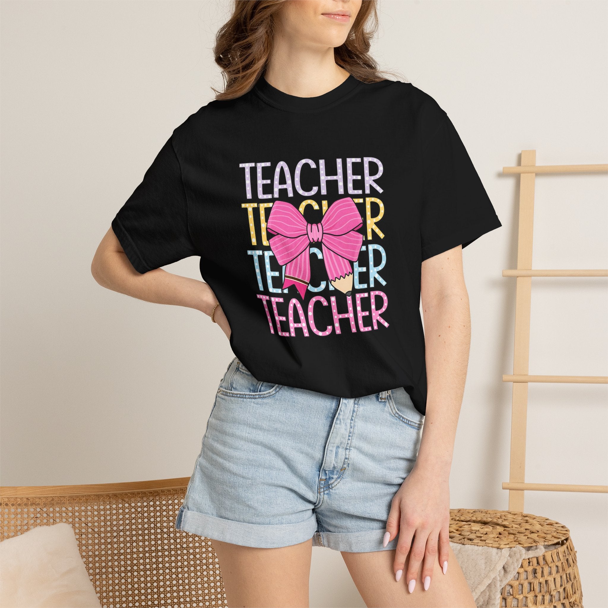 Teacher Stack with Pink Bow T-shirt | Teacher Typography Shirt