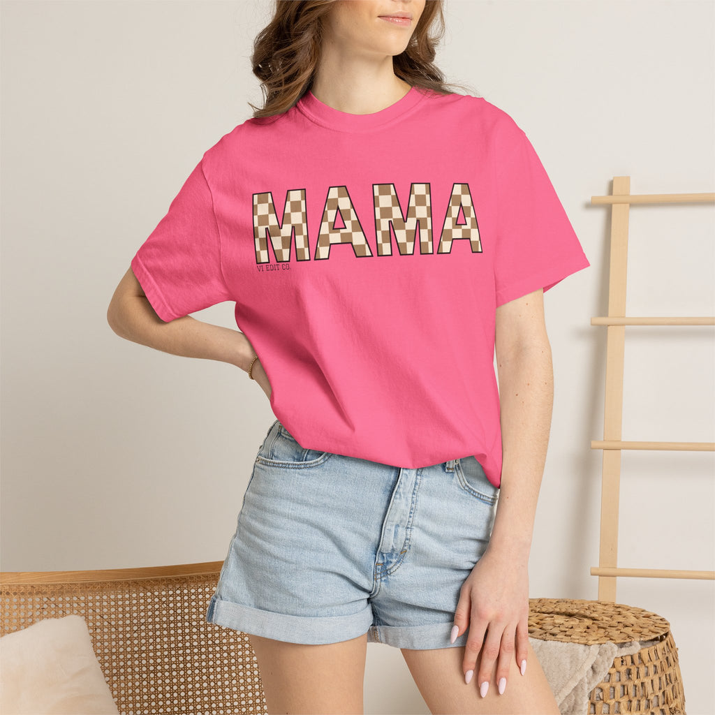 Mama Checkerboard T-Shirt | Mom Typography Tee, Neutral Plaid Letters