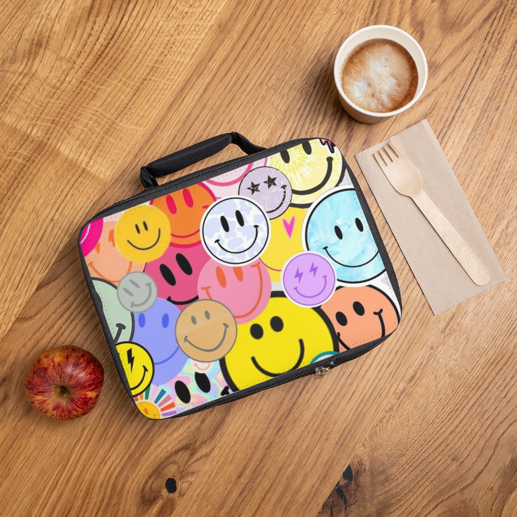 Smiley Face Pattern Lunch Bag — Colorful Retro Happy Faces Insulated Tote