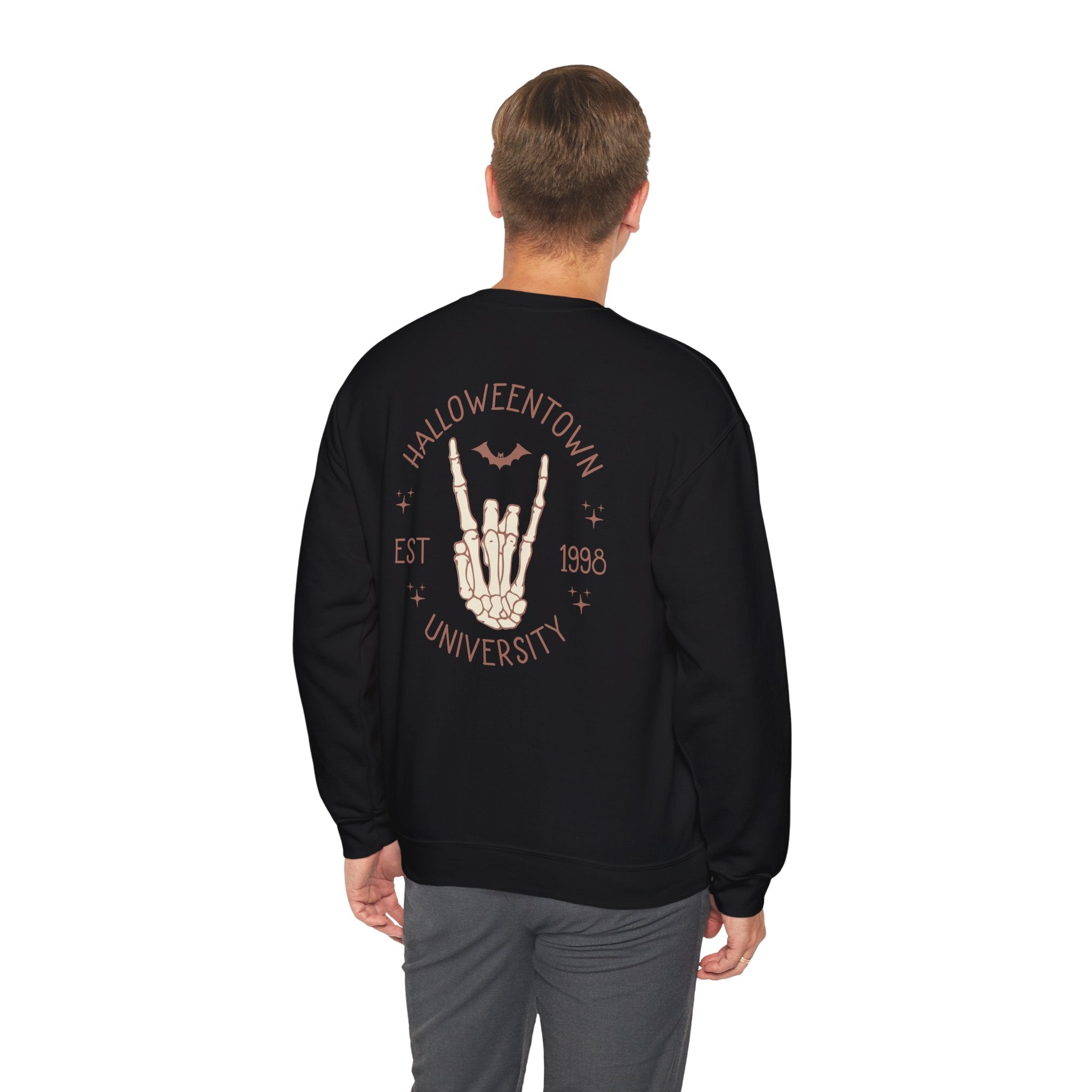 Halloweentown University Crewneck Sweatshirt — Skeleton Hand Rock On Pullover