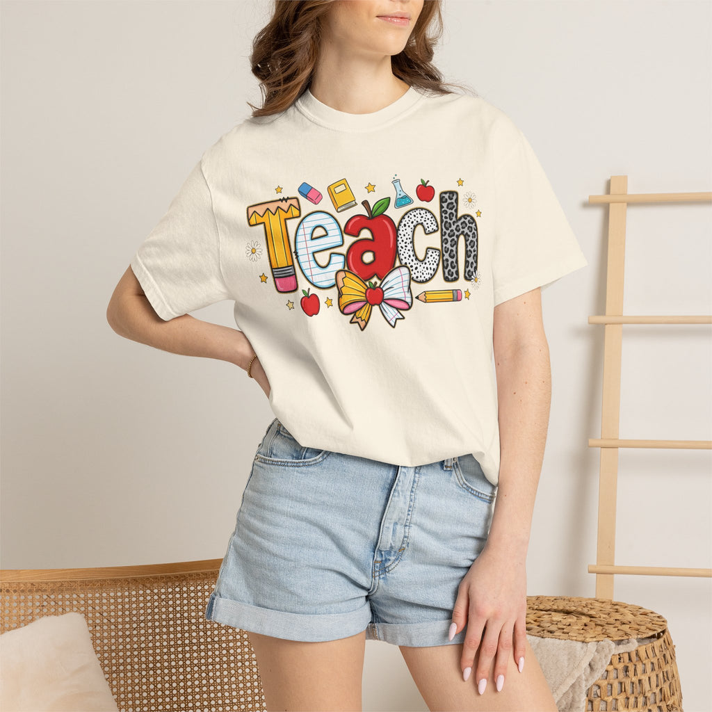 Teach Graphic T-Shirt — Cute School Teacher Gift (Apple, Pencil & Bow Design)