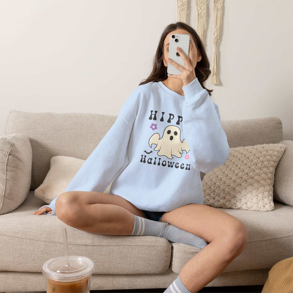 Hippie Halloween Crewneck Sweatshirt — Cute Retro Ghost Graphic