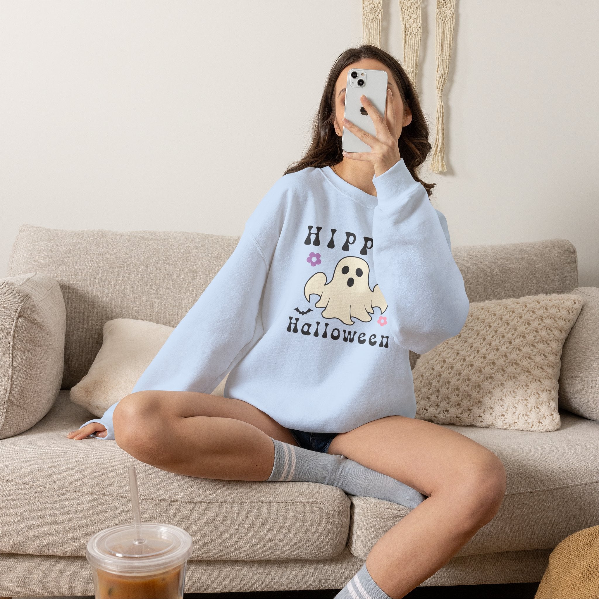Hippie Halloween Crewneck Sweatshirt — Cute Retro Ghost Graphic