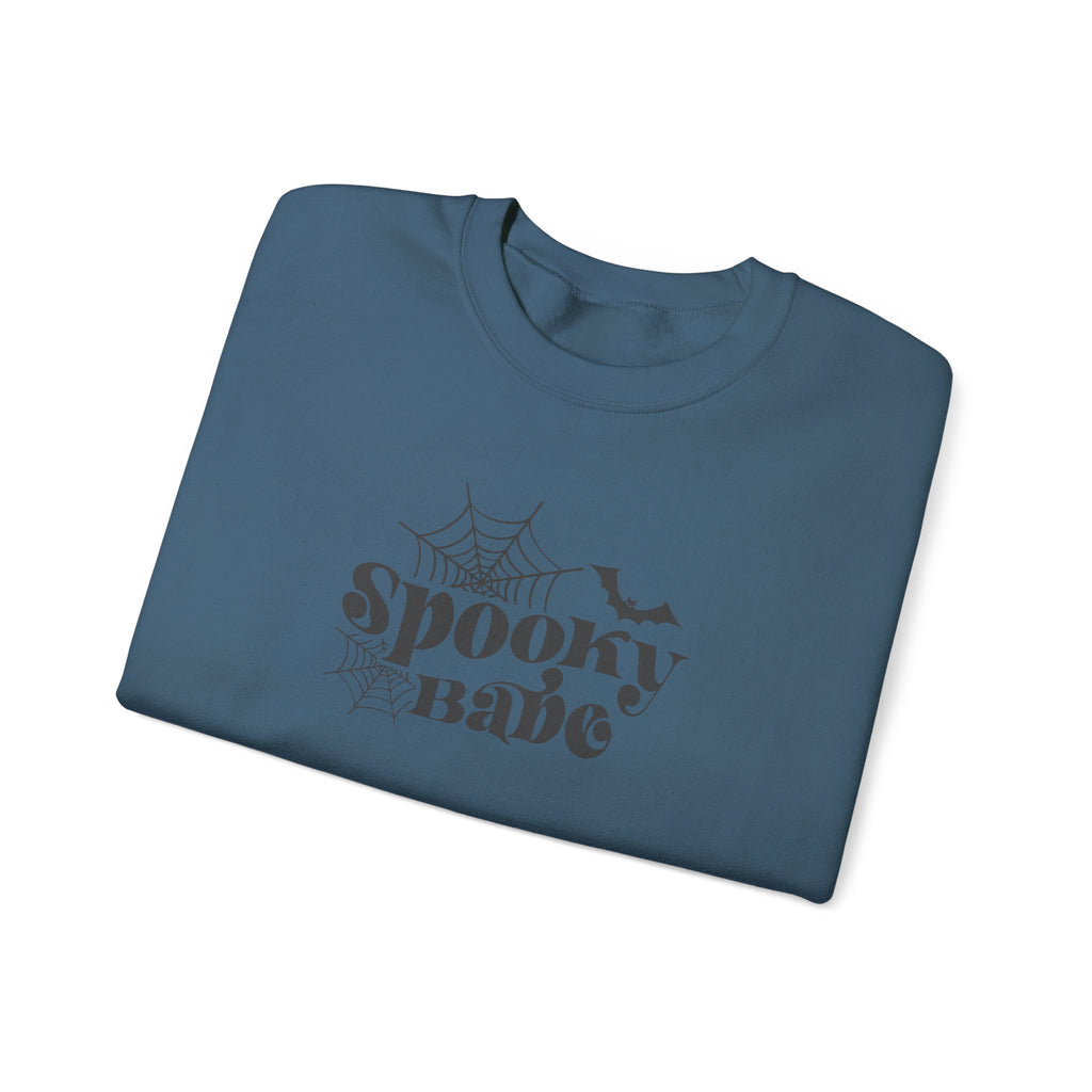 Spooky Babe Crewneck Sweatshirt — Halloween Spiderweb & Bat Graphic