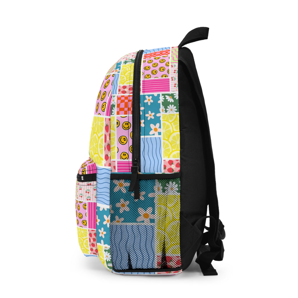 Patchwork Smiley Lemon Backpack — Cute Colorful Kids School Bag