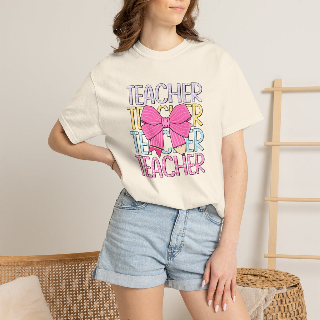Teacher Stack with Pink Bow T-shirt | Teacher Typography Shirt